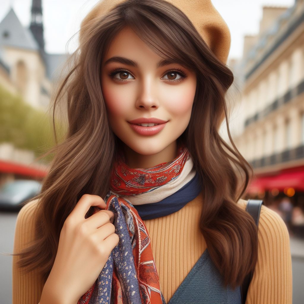 French Style scarf beautifully tied around her neck